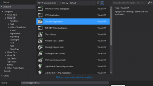 Visual Studio pop up window, create new project.