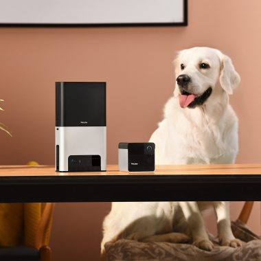An image showing a dog with two smart pet cameras and treat dispenser.
